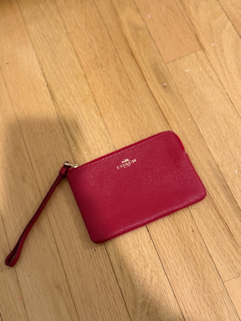Coach Pink-Red Leather Wristlet with Gold Logo